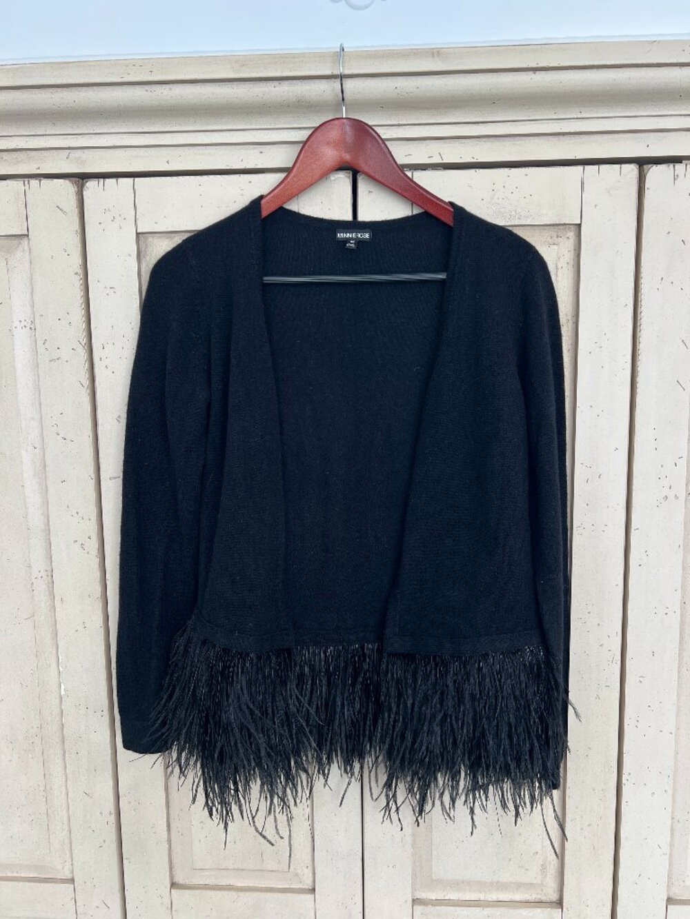 Minnie Rose 100% Cashmere Open Cardigan Ostrich Feather Hem Black XS